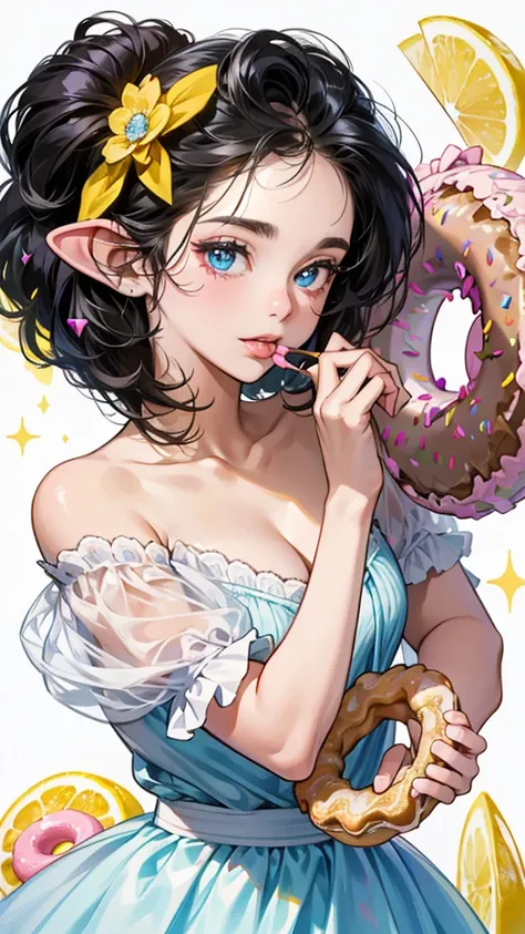  and a French cruller girl sticks out her tongue and squints, She has dark ears and light pink cheeks .  her head is covered with lemon cream ,  and she has a powdery doughnut bow .  Sparkle; Sparkling,Black Hair,Light blue eyes,Depicting the body