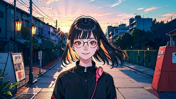 anime　girl　Black Hair　Glasses　smile　Headphones　Short　evening　sun