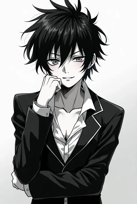 A charismatic, sukuna-like,
manga high school boy with black hairs, photo should be black and white, smiling