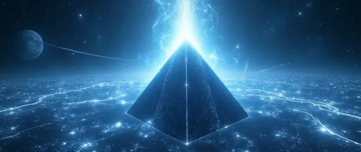 hyperspace network with energy trails and particles, 8K, Pyramid in the center, blue-white light