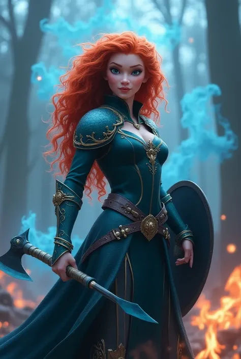 a beautiful  merida disney 3D animation princess, intricate fantasy armor, blue aura, holding axe and shield, outdoor setting, gripping chaos, burning, cinematic, illusion, visual effects, detailed, photorealistic, 8k, dramatic lighting, epic fantasy, dark...