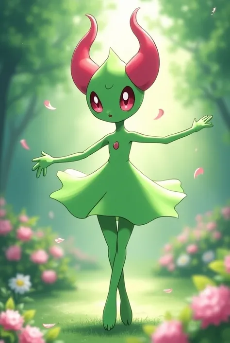  Kirlia dances elegantly in a magical garden full of bright flowers and sparkling lights .  Her dress blows in the wind ,  as she spreads her arms .  The colors are light green and pink ,  which underlines her grace .  Kirlia is a medium-sized ,  bipedal a...