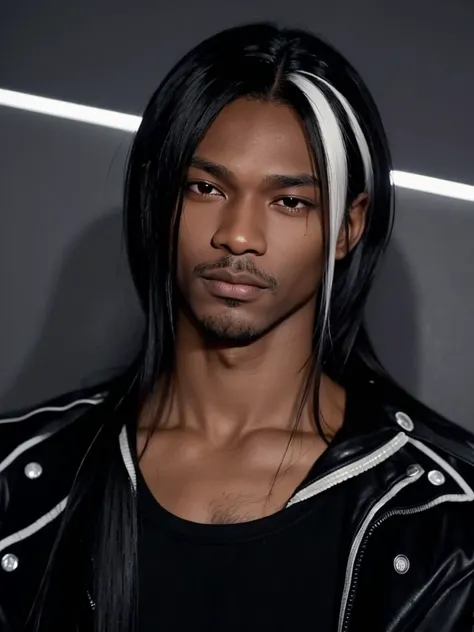  A black man with straight hair that reaches close to his shoulders. His hair has a white patch ,  his face is smooth and his eyes are sharp and disdainful .

 His left eye is closed .