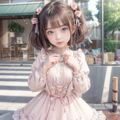 (round face)(Big eyes、Droopy eyes、Blue Eyes), (Fabric Shading), ( best quality), (masterpiece), (Super detailed CG),, (Magical ),  (Ample breasts), (Platinum gold hair、Straight short bob hair), ( A Room Full of Flowers ). Main colors are pink and black ,  ...