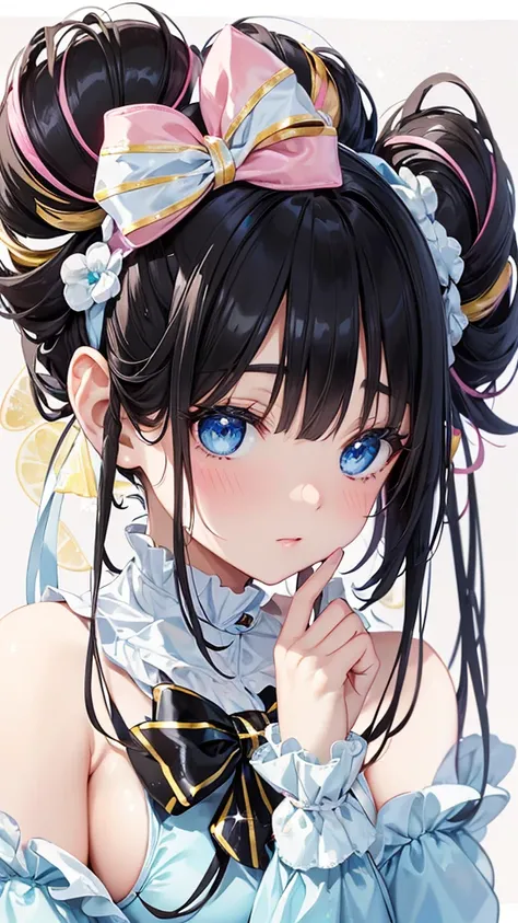 French cruller girls are squinting, She has dark ears and light pink cheeks .  her head is covered with lemon cream ,  and she has a powdery doughnut bow .  Sparkle; Sparkling,Black Hair,Light blue eyes,Depicting the body