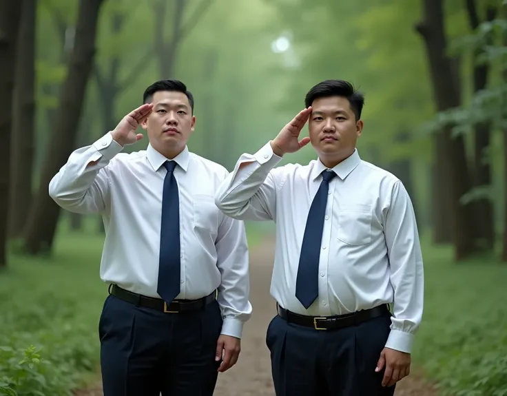  best quality on the tree, Face Focus,  ultra high resolution, (Reality:1.4), RAW photo, Two obese young Chinese men in suits，Short hair flat head，Lips tightly closed，Dark blue tie、Tight white shirt、 shirt tucked into pants ， serious expression ，Facing the...