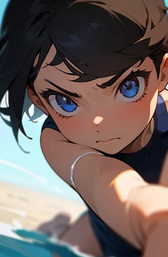 1girl. Swimsuit. Fighting pose. Short hair. Close up. Face focus. Fight