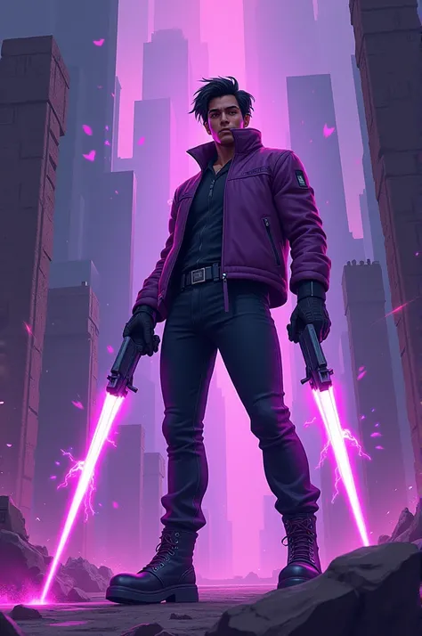 A 2D animation art of an Indian superhero wearing a short,  cyberpunk purple jacket inspired by Sung Jinwoo from Solo Leveling. The jacket has subtle glowing patterns, paired with fitted black pants and dark combat boots. The superheros expression is inten...