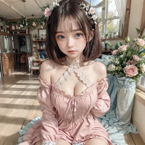 (round face)(Big eyes、Droopy eyes、Blue Eyes), (Fabric Shading), ( best quality), (masterpiece), (Super detailed CG),, (Magical ),  (Ample breasts), (Platinum gold hair、Straight short bob hair), ( A Room Full of Flowers ). Main colors are pink and black ,  ...