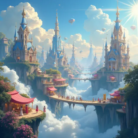 Imagine a breathtaking city suspended among the clouds, where glistening towers of crystal and gold rise majestically against a backdrop of endless blue sky. The architecture is a blend of whimsical designs and intricate details, with floating gardens that...