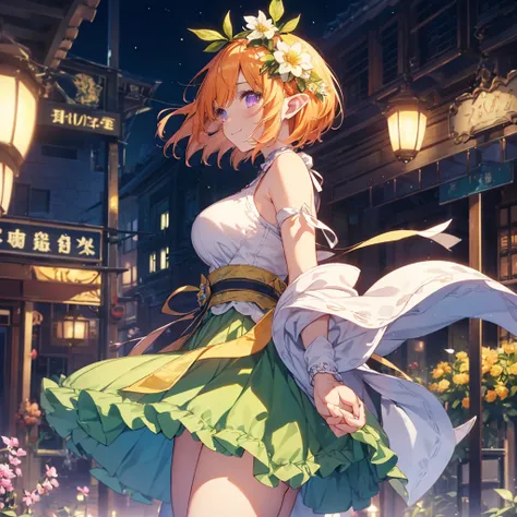 {{{One Girl}}}, Singing and dancing, festival,  beautiful detailed girl, Elf Ears, Game CG, Yellow Flower, profile, One curl on the outside,  short bob hair, Pastel orange hair,  purple eyes,Accessory solo, Bust Up, Medium Shoot , woman, smile, Big Breasts...