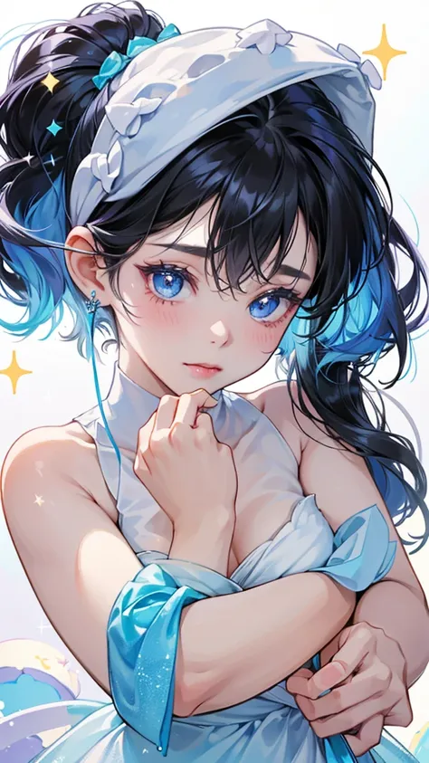  a pile of slightly tilted pancakes with thick white icing.  has 3 sprinkles on the sides , Includes one in sky blue , light blue, Light purple. A dripping ピンク bow rests at her ears.  she winks .  Sparkle; Sparkling,Black Hair,薄いlight blueの目,Depicting the ...