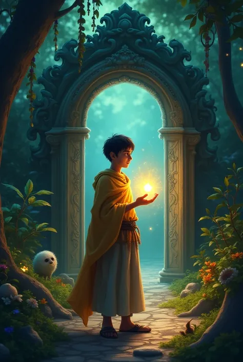 Show Aryan making his wish in front of the magical door. His expression is serious yet hopeful as he states his desire for happiness and abundance for his village. The glowing pearl in his hand shines brightly, casting a warm light. The forest around him i...