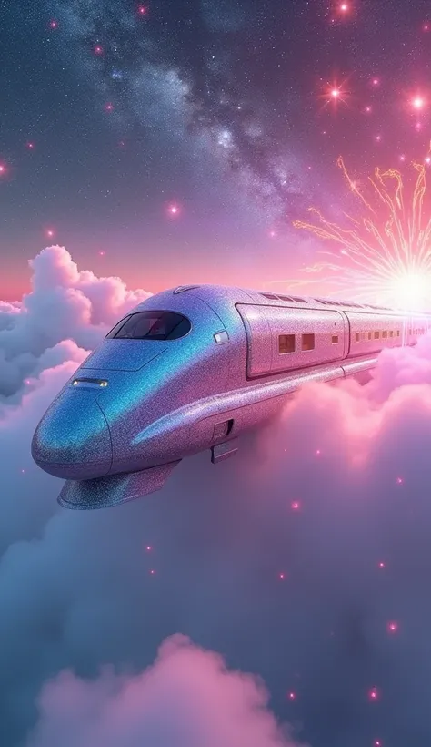 conceptual installation art with bright and colorful random colors, futuristic iridescent-plated trains that run above the clouds, various effects, BREAK background galaxy, neon-colored cosmic ray, shattering the space around her like broken iridescent gla...