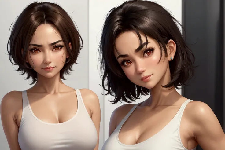  A mature American woman , Super pretty wearing a white tank top, 1 girl, short black hair,  very untidy hair ,  fundo do quarto , ANIME STYLE, round face, sorriso sexy, Normal breasts, ((( detailed and beautiful brown eyes ))) , a little irritated, weight...