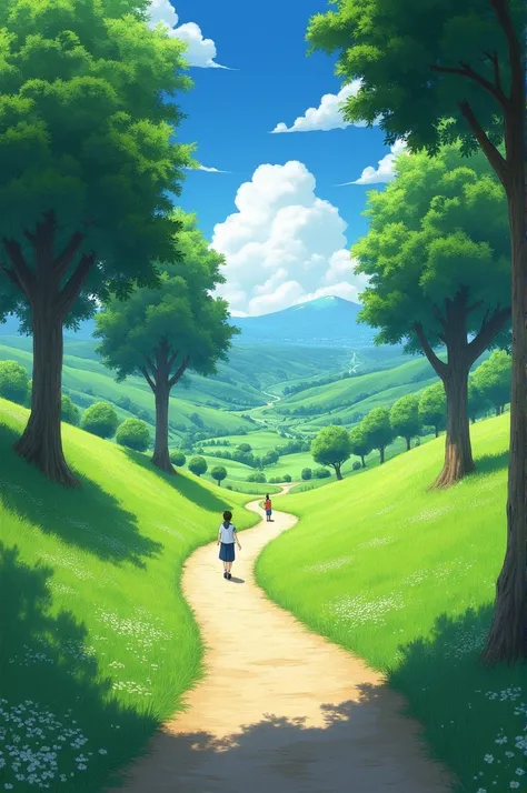 a grassy pathway stretching beyond the horizon ghibli studio artstyle