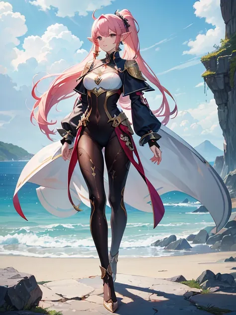 ((masterpiece, best quality,8k, High Resolution )),((  Character Concept Art  )), 1 female,  Young Woman Adult , Elf Girl, Height: 165cm, Long Hair,  ponytail (Pink Hair Color), Ultra-fine eyes (Pink eye color), (( pointed ears)), Extraordinary gorgeous, c...