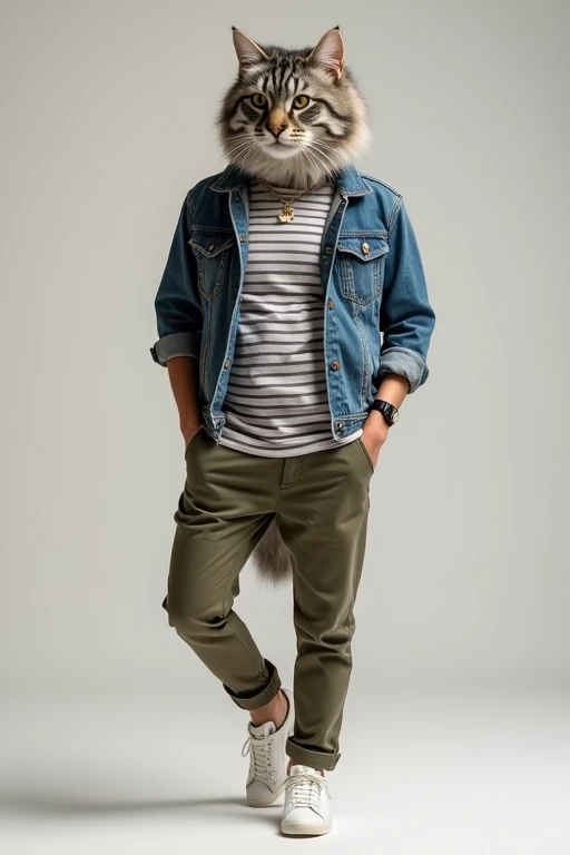 

Casual chic :  A fluffy gray tiger cat 、 striped t-shirt with slim fit khaki pants and white sneakers,  wears a stylish denim jacket over a .  cats walk relaxed , Relaxed atmosphere,  has one leg comfortably in the pocket .