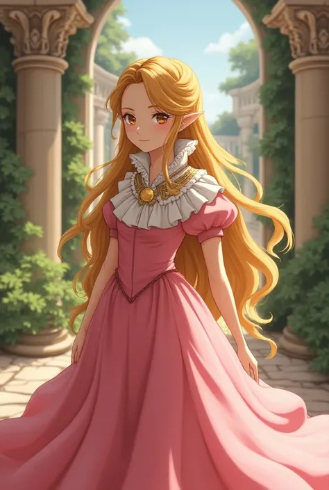 1400s Anime, Renaissance Princess Zelda wearing a Pink Dress with a Massive Medici Popped Collar while bowing 