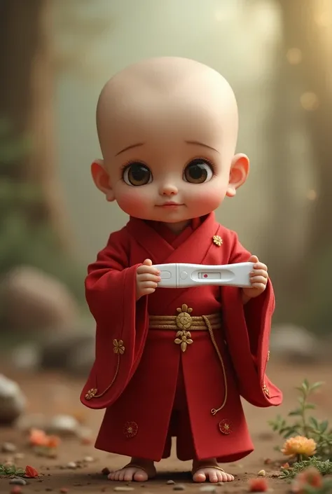 baby   holding pregnancy test wearing red suit like buddha,the pregnancy test show the lines correctly 