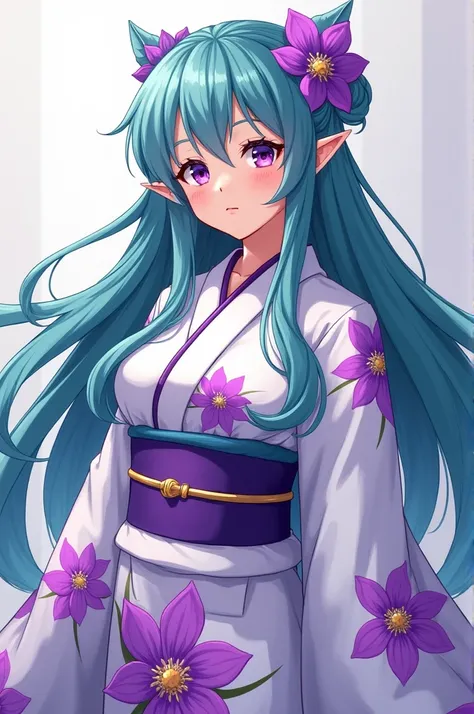 anime style,Robust adult anime woman, design with long blue-green hair and with tufts in front, Elf ears, with bright purple eyes, with a white Japanese yocata with purple flowers  