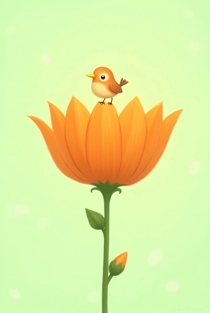 The image is a digital illustration of a bird perched on top of a large orange flower. The flower is in the center of the image, with its petals spread out in a fan-like shape. The petals are a vibrant orange color, and the center is a lighter shade of ora...