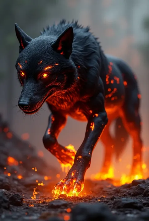 Make a fusion of Black Wolf With Lava Glowing all Body with Lava and fire