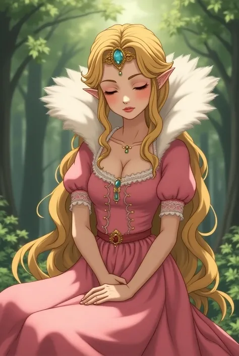 1400s Anime Renaissance Princess Zelda wearing a Pink Dress with a Massive Medici Popped Collar while bowing 