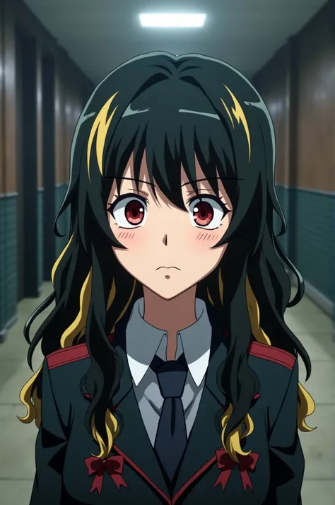 My hero academia screenshot. Girl with long wavy black hair with blonde highlights , with bangs.  She has dark red eyes and dark circles under her eyes , A serious expression wears the UA uniform and in the background a corridor of the UA