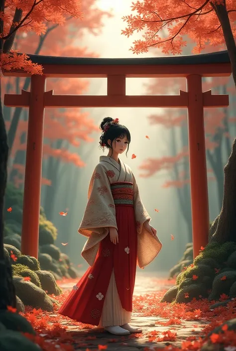 A girl wearing a kimono in an autumn forest and lots of torii gates