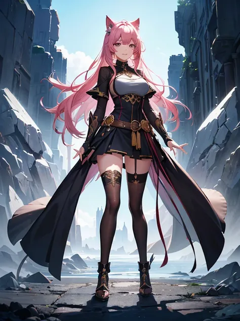 ((masterpiece, best quality,8k, High Resolution )),((  Character Concept Art  )), 1 female,  Young Woman Adult , Cat ears,  Height: 165cm, Long Hair, Ultra-fine eyes (Pink eye color), Extraordinary gorgeous, cute, Adorable, An innocent smile, knight, ((int...