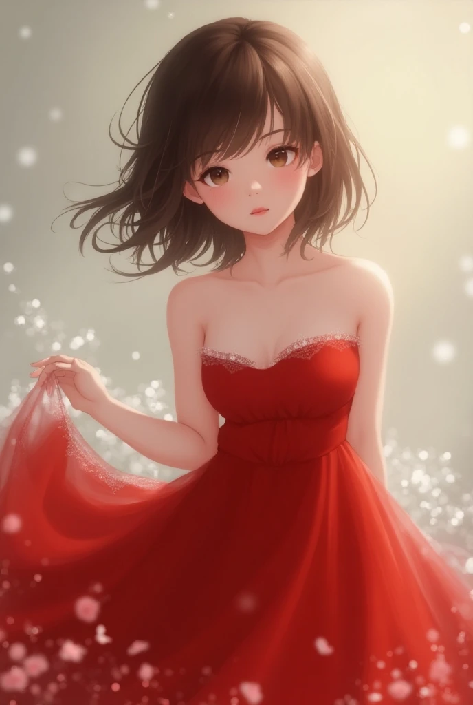 Create a girl with brown bangs more like white ,  posing in a red dress I hope it fell and with a gap around the waist 