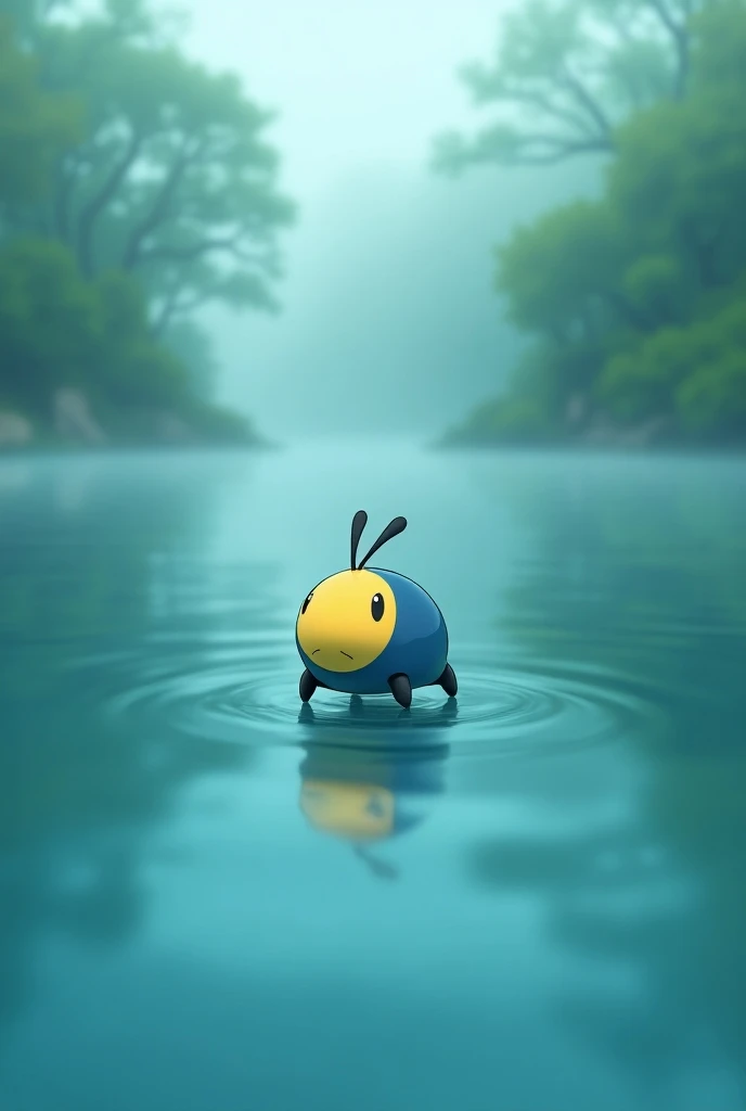 Walkway floats over a lake through a foggy forest.   walking pond, a small ,  four-legged and water strider-like Pokémon ,  that appears blue and yellow . Except for the yellow ,  upper area of his head and the antennae of the same color is the rest of the...