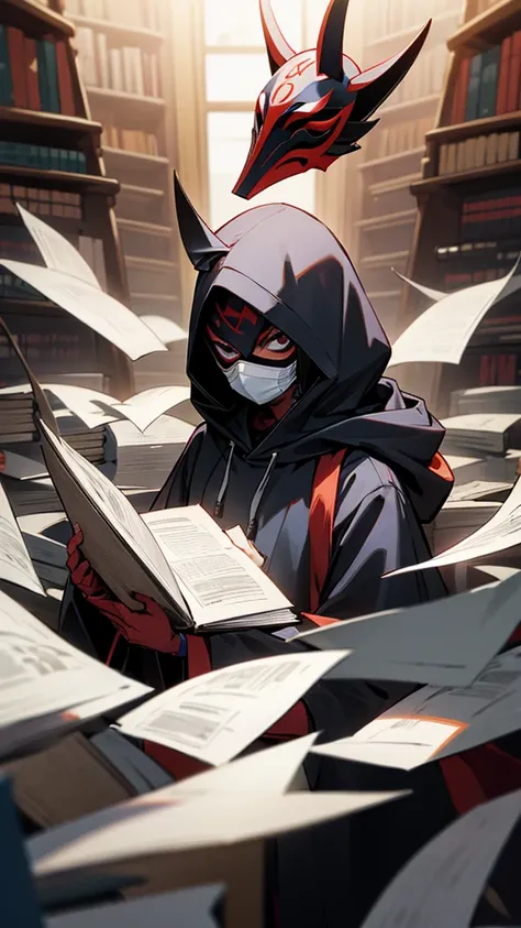 Surrounded by books、Wearing a hood and wearing a mask、Manager、Masks are made with a program