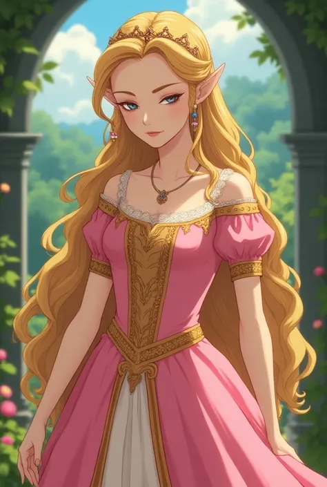 1400s Anime Renaissance Princess Zelda wearing a Pink Dress with a Massive Medici Popped Collar while bowing 