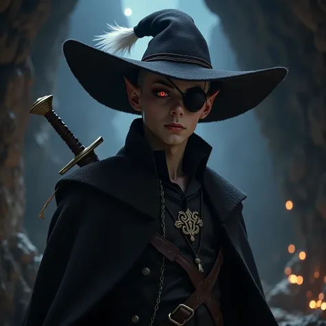 attractive bald male dark elf with a black eye patch and a very large wide brimmed hat with a white feather, wearing a fancy jacket and a sheathed sword, black skin, red eyes, night time inside a cave with glittering magical lights