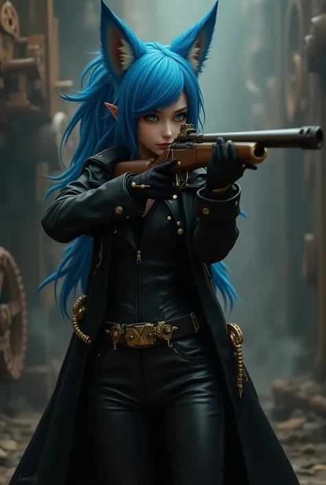 Blue-haired fox girl wearing glasses and black leather suit and trench coat with high-powered rifle in steampunk shooting position