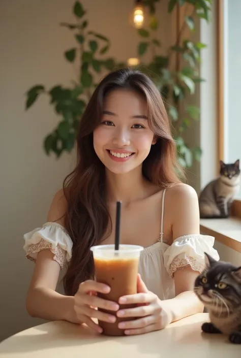 A 22-year-old Thai woman with long wavy brown hair takes a cheerful selfie in a cozy cat café. She is wearing a bohemian dress with puffed short sleeves and bare shoulders, adding a stylish and relaxed vibe. In one hand, she holds a clear plastic cup fille...