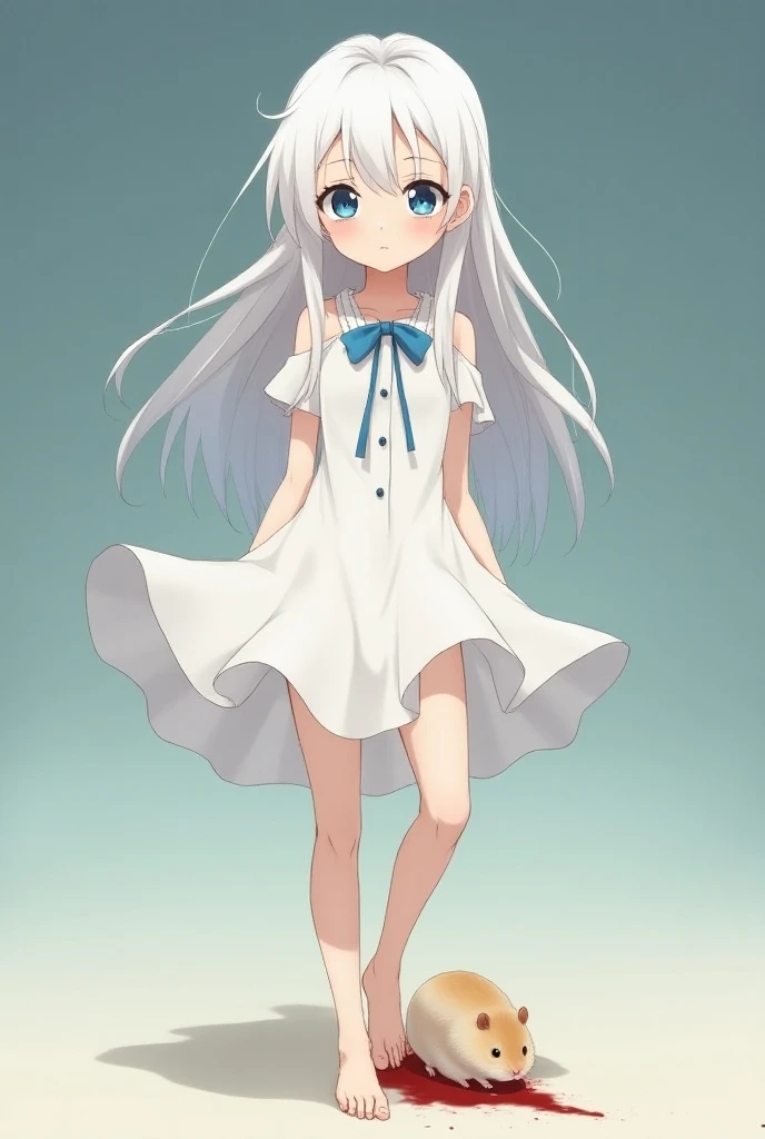 Cute girl　White clothes　blue eyes　Long white hair　Forehead　Thin limbs　barefoot　Shoulder Bare　 Clothes made of ultra-thin fabric that are short enough to hide or not to hide underwear　Blue ribbon　White eyelashes　 stepping on a hamster with its foot 　
 The h...