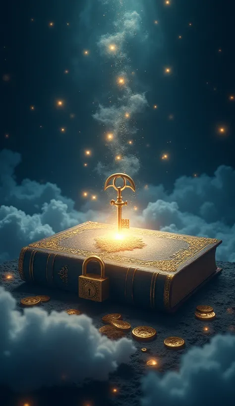  Image of a divine background , with clouds,  scattered spots of light in gold ,  must have clouds ,  scattered spots of light and look very realistic. It must be beautiful , Divine.  It must be in very dark blue  (almost black)  and shades of gold ,  imag...