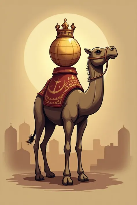 logo, Esfihas do Mestre, a sphere with a crown ,  mounted on an Arabian cap camel 
 