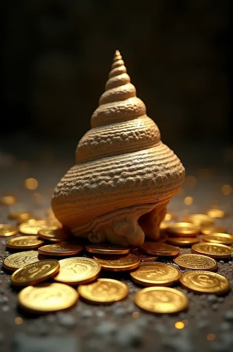 Cone-shaped shell poking out gold coins