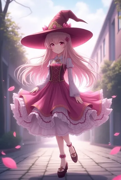 Anime style, Madoka Magica style, beautiful girl like Homura Akemi, cute, witch outfit,Soft、Overflowing breasts, very long hair,  open your mouth slightly,  pink eyes ,  glitter effect , Witch Hat,  foot out of the frame on the sidewalk, Best Quality, 