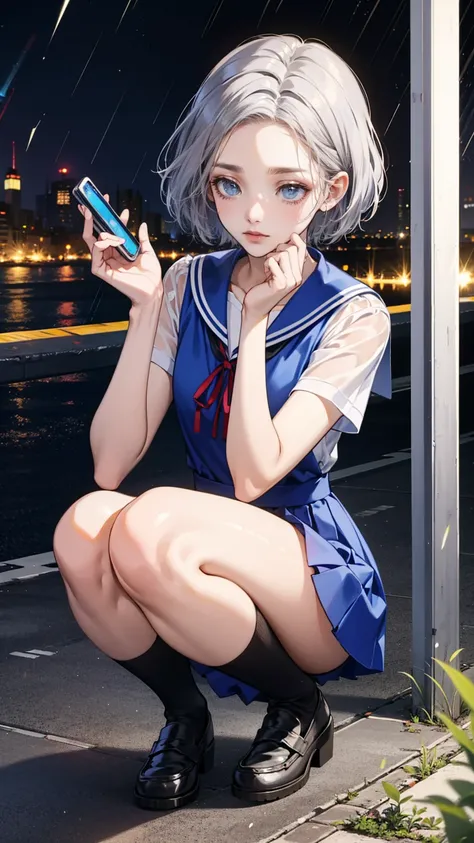 One Woman,The woman is looking down,(Silver Hair),short hair,Short Bob,Navy blue ribbon (blue eyes),cry,Teary-eyed, Light blue sailor suit,Navy blue collar,  Navy Blue Line  , Black socks,Up to the knees,  Black Loafers in the Rain,night,Star Masterpiece  , best quality,Exquisite,8k,  absurd,Ultra-detailed illustrations,( Viewers)