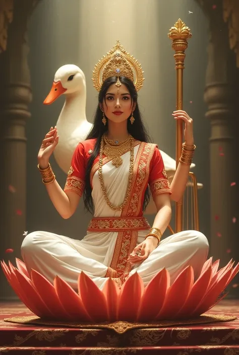 Saraswati devi setting on box worship stage with the harp , weared rad border white saree and rad blouse ,she have nice the crown , here  was a big duck behind of her