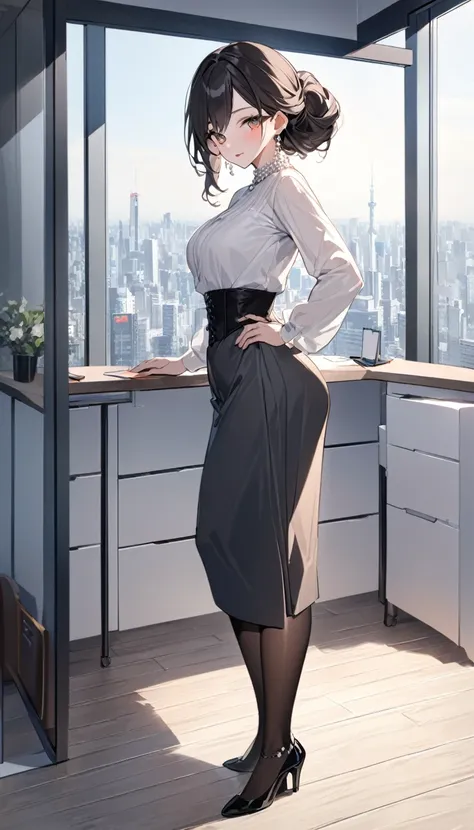 "office lady standing with full authority and unmatched beauty to be bent to her will, 3, height 163cm, business chic , victorian blouse, slender 63cm waist, full 93cm hips, shapely legs, clear fair skin (RGB: 255, 233, 209), oval face with soft features, ...