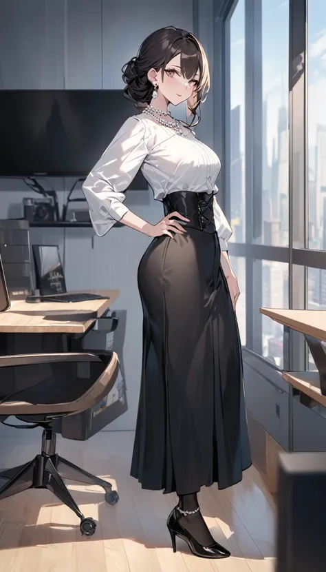 "office lady standing with full authority and unmatched beauty to be bent to her will, 3, height 163cm, business chic , victoria...