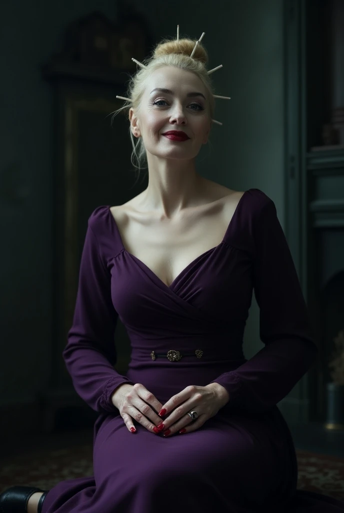  smiling vampire woman , years 40-45, white pale skin ,  blond hair in a small bun at the back and knitting needles in this bun,  in a purple dress with sleeves ,  dress just below the knees , black ballet shoes ,  red long nails , red lipstick,  dark atmo...