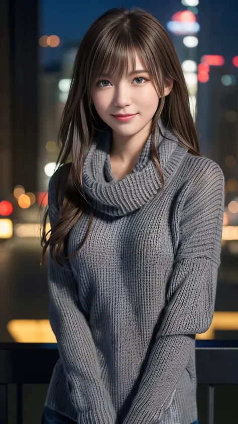 One Japanese girl,(Dark Gray Sweater:1.4),( she has a knitted scarf wrapped around her neck.:1.2), (RAW Photos, Best Quality), (Realistic,  photoreal:1.4), Tabletop,  very delicate and beautiful,  very detailed, 8k wallpaper, wonderful, finely,  very detai...