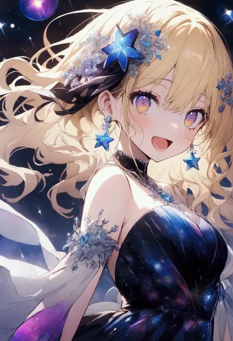 Gacha like splash art, long Wavy blonde hair, Young lady with shining galaxy colored eyes, cold expressions、open mouth, small hair accessories, Small earrings、stars surrounding her, elegant galaxy themed gown, looking at the camera, magenta magic circles